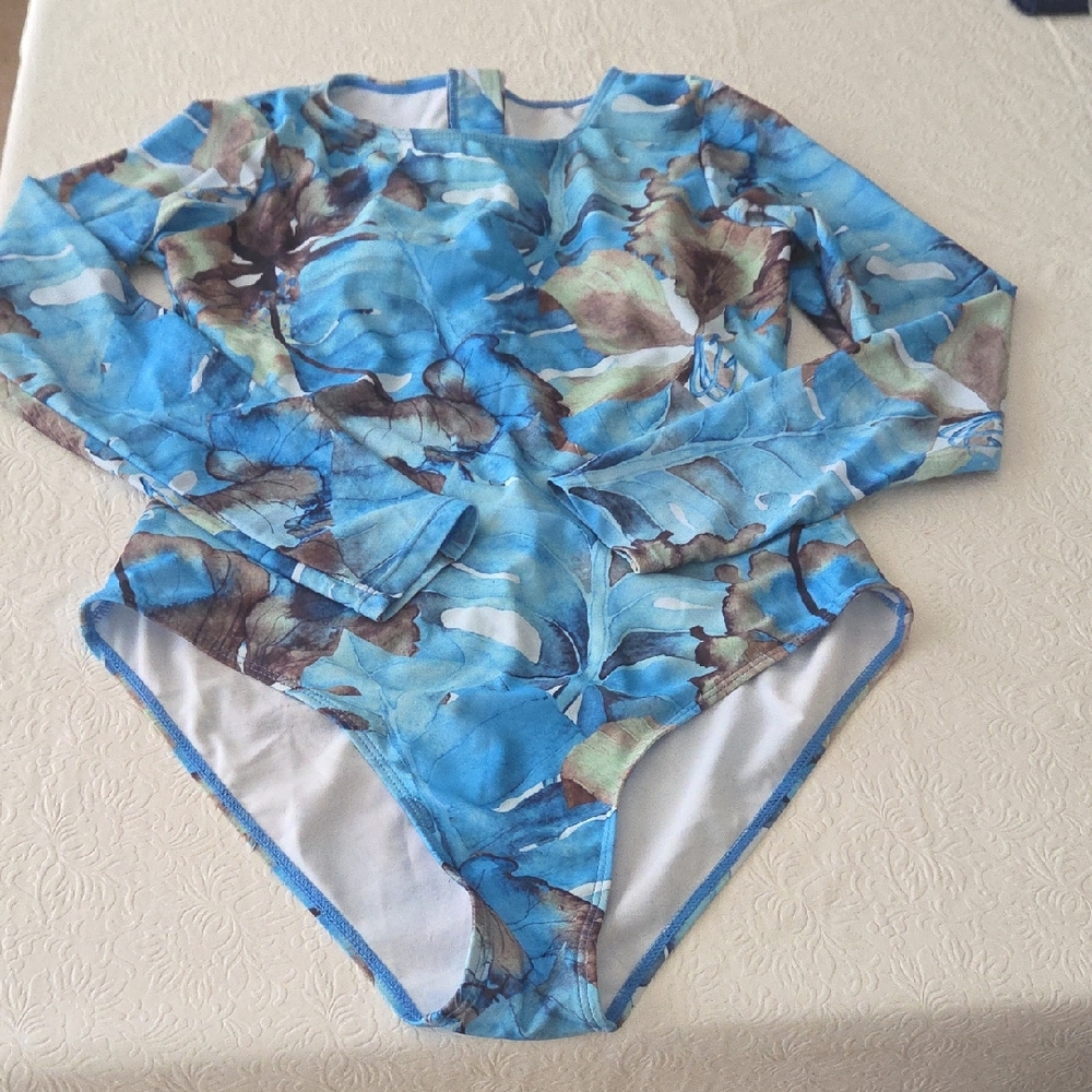 Blue Floral One Piece Long Sleeves Zippered Bathing suit